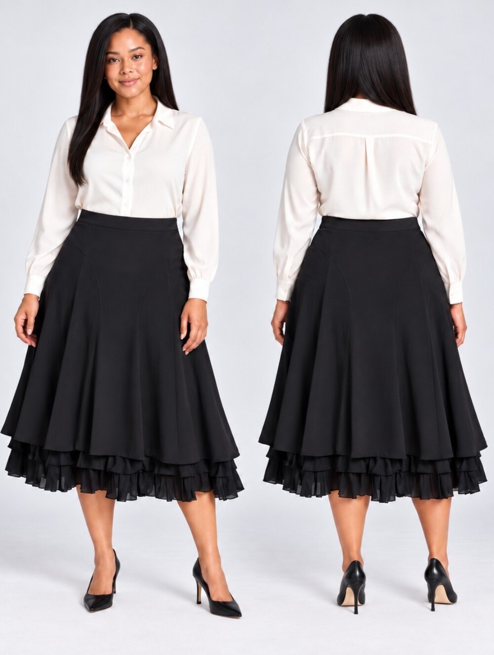H&M Black A-Line Midi Skirt Ruffle Hem Side Zip Size US 12 EUR 42